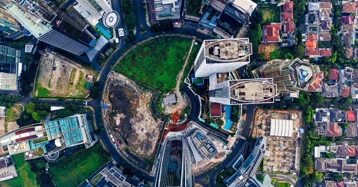 Aerial view of city-centre buildings and development sites