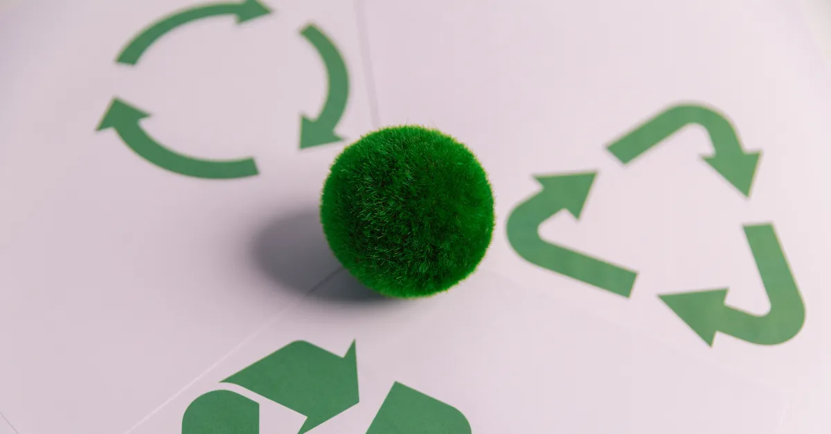 Green grass globe surrounded by recycling symbols